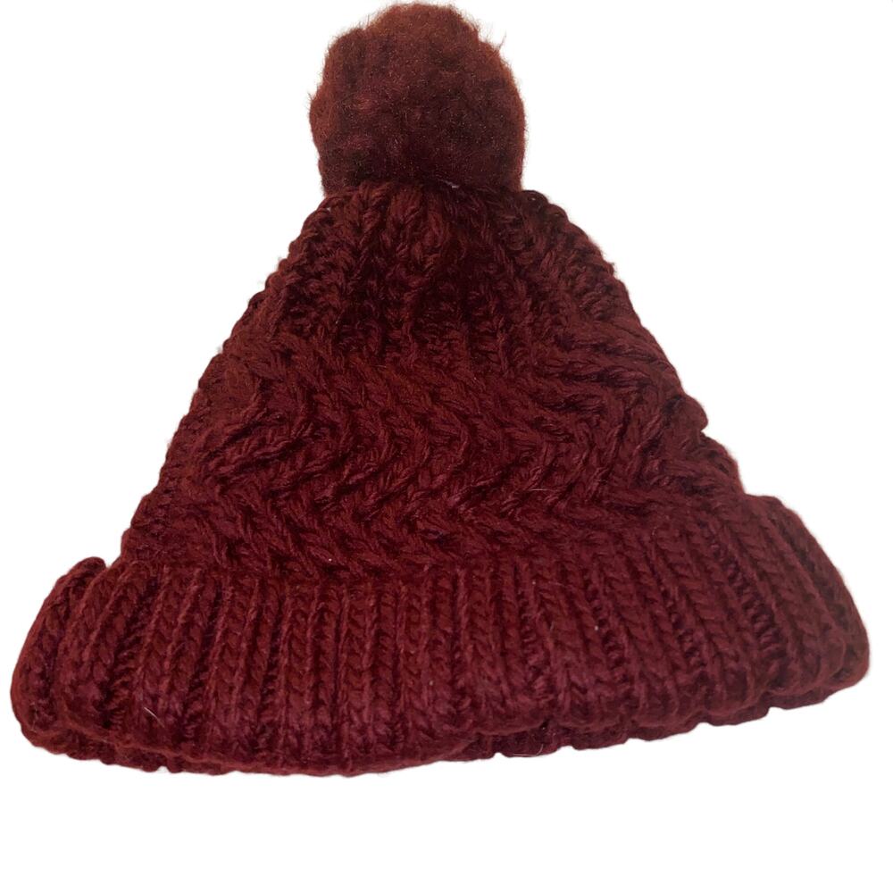 West Loop Knit Pom Pom Beanie Hat Fold Over Burgundy One Size Fits Most - Picture 2 of 5